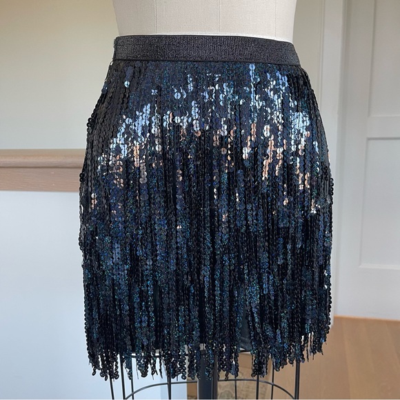 Black & Blue Sequin Fringe over Black Vegan Leather Mini Skirt Size 0-2 - Picture 3 of 9